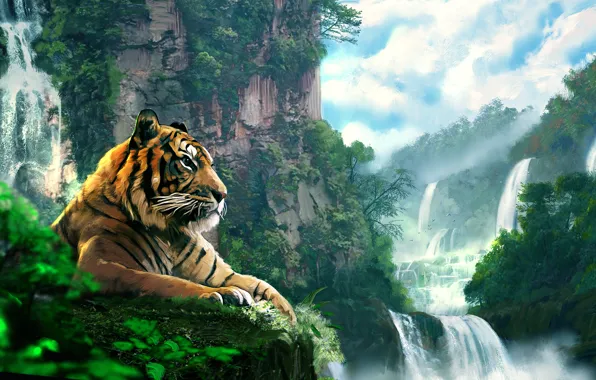 Forest, landscape, tiger, mountain, waterfall, art