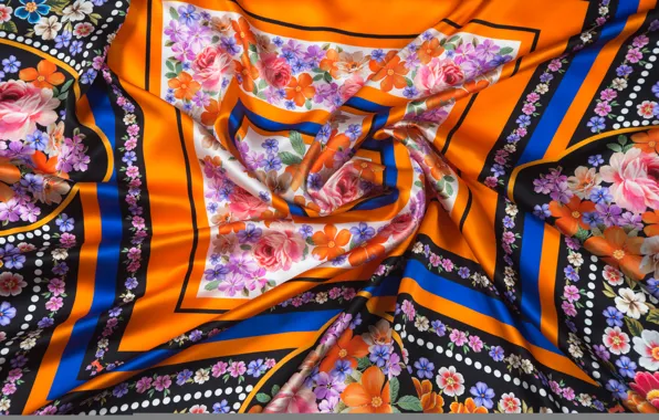 Line, flowers, orange, fabric, shawl, folds, silk, textiles