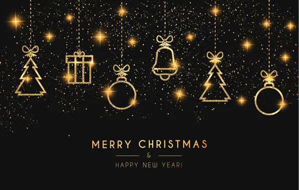 Picture decoration, gold, tree, Christmas, dark, New year, golden, christmas