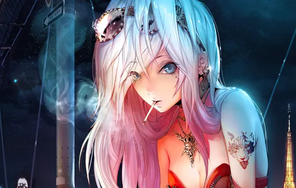 Decoration, night, Paris, anime, blonde, tattoo, Eiffel tower, paris