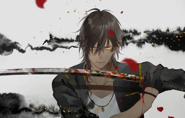 Look, blood, sword, art, samurai, guy, stand, touken ranbu
