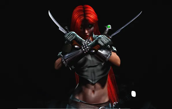 Picture look, fog, weapons, background, green eyes, red hair, vampire, BloodRayne