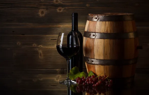 Wine, glass, grapes, barrel