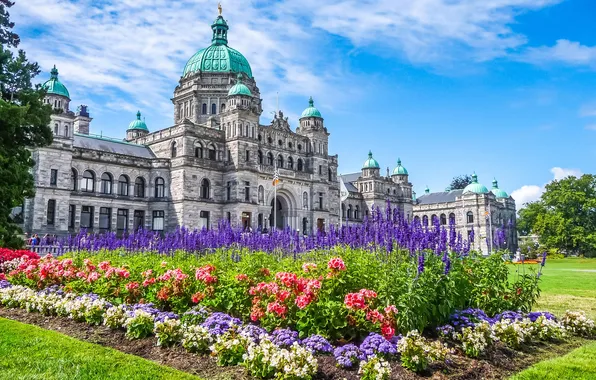 Clouds, flowers, British Columbia, flowerbed, blue sky, British Columbia, Parliament Buildings, Parliament buildings