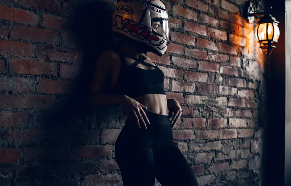 Wall, model, brunette, top, belly, lamp, pearls, pants