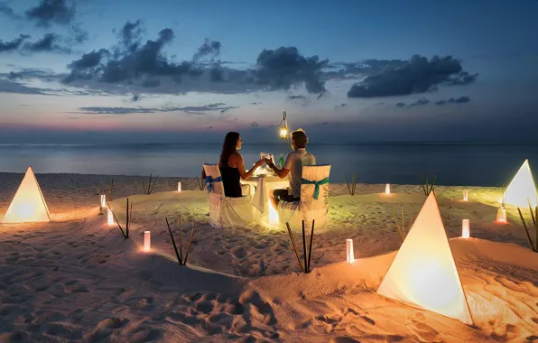 Sea, the sky, girl, romance, the evening, lights, male, lovers