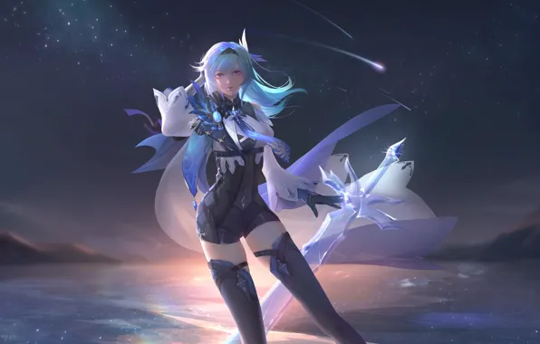 Picture Eula, ice, night, sword, girl, Genshin Impact