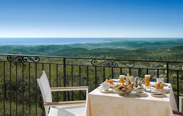 The city, France, Breakfast, balcony, the hotel, table, France, Cote d'azur