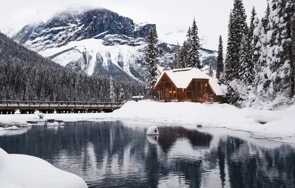 Wallpaper winter, mountains, lake, house, Emerald Lake for mobile and ...