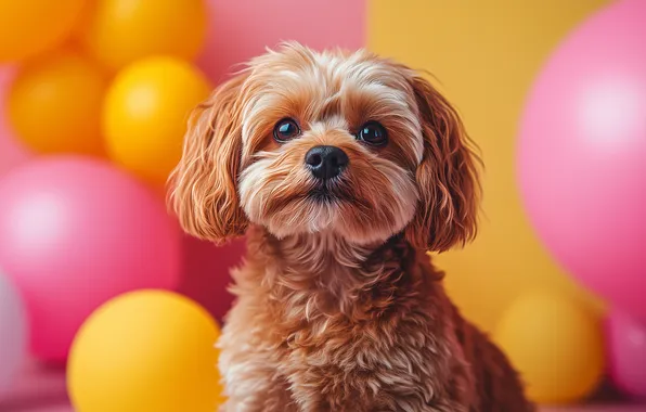 Look, balls, balloons, dog, yellow, puppy, red, pink