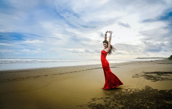 Picture wave, girl, shore, dance, surf, in red, Kimberly
