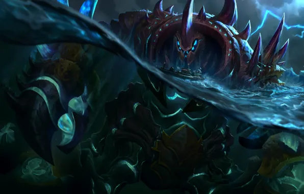 Water, the ocean, rocks, ship, monster, being, giant, League Of Legends