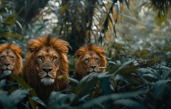 Look, Trees, Leaves, Lions, Three, Digital art, Predators, Big Cats