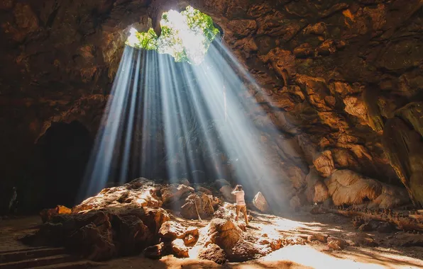 Picture the sky, the sun, trees, landscape, nature, rocks, photographer, cave