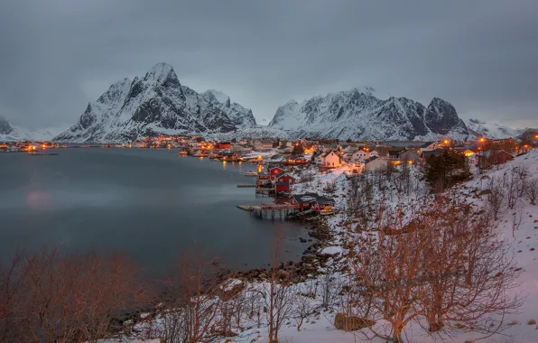 Lights, home, the evening, Norway, the fjord, The Lofoten Islands
