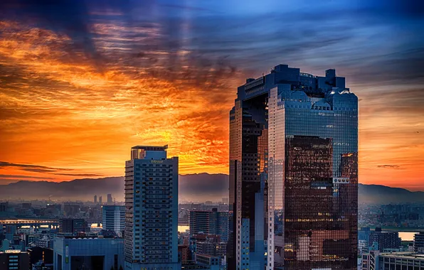 Picture sunset, Japan, architecture, Osaka