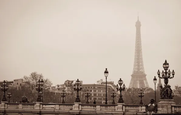 Bridge, the city, France, Paris, lights, Eiffel tower, Paris, architecture