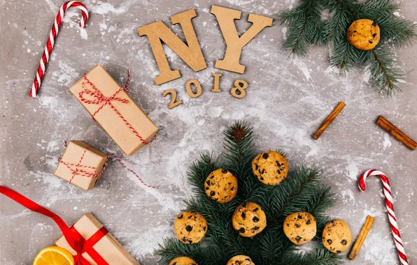 New year, Holiday, Gift, Cupcakes, Fir-tree branches
