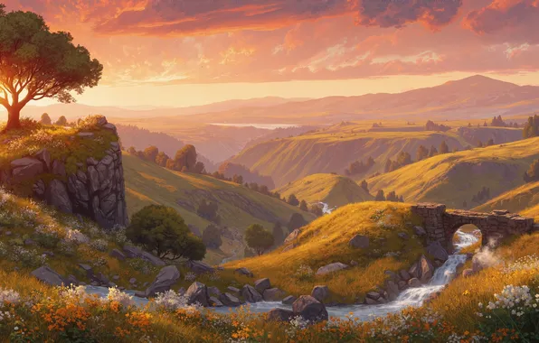 Flowers, Clouds, Trees, Dawn, Hills, River, Digital art, AI art