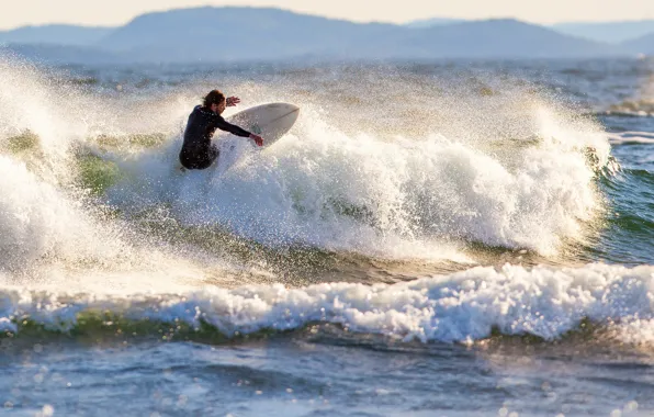 Waves, sea, mountains, surfing, splash, sunlight, spray, extreme sport