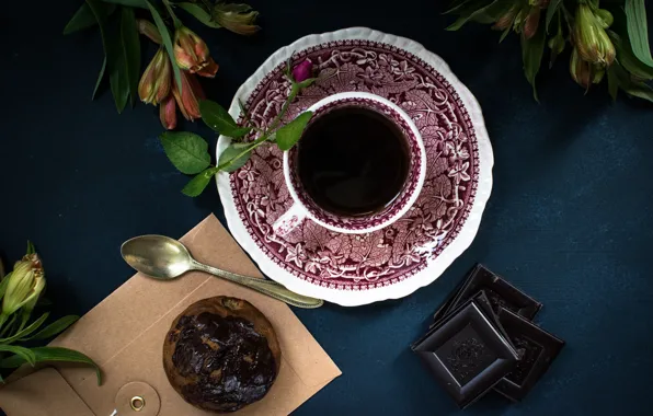 Picture flowers, coffee, chocolate, Breakfast, buns