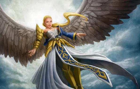 Girl, clouds, wings, angel, art, in the sky