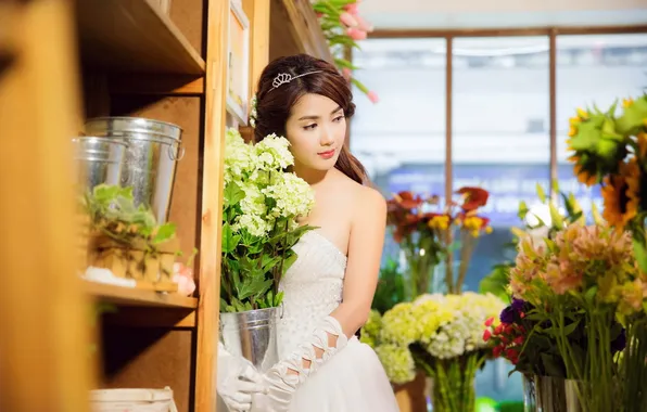 Girl, flowers, Asian
