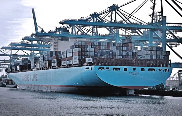 Sea, Pier, Blue, The ship, A container ship, Cranes, Terminal, Container