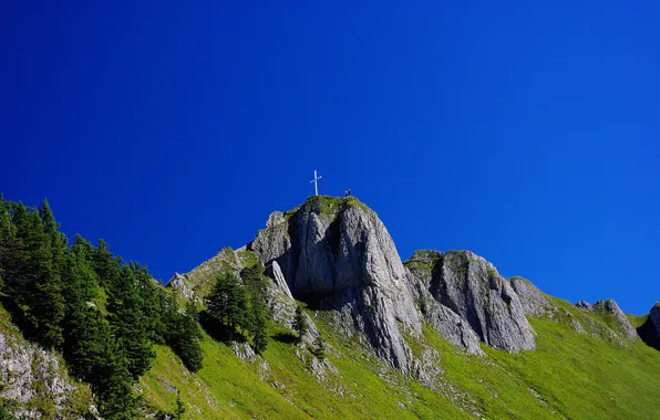 The sky, grass, people, mountain, cross, Germany, Schwangau, Tegelberg