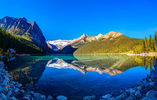 The sky, trees, sunset, mountains, lake, Canada, Albert, house