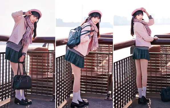Beautiful, Asian, Model, Bridge, Water, Smile, Woman, Back