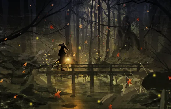 Picture autumn, forest, night, fireflies, people, lights