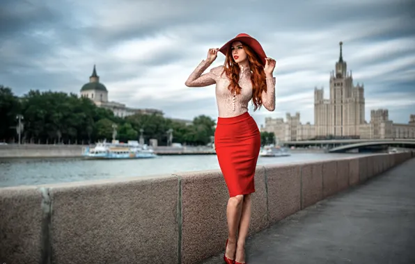 Picture girl, bridge, the city, river, skirt, portrait, hat, figure