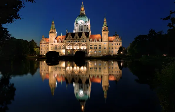 Picture trees, night, lights, lake, reflection, Germany, Palace, Hannover