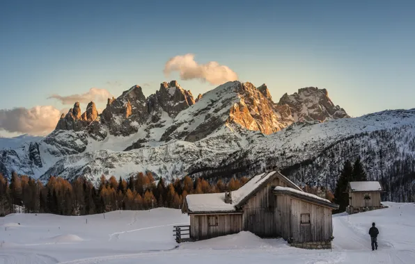 The sky, clouds, snow, mountains, nature, dawn, tops