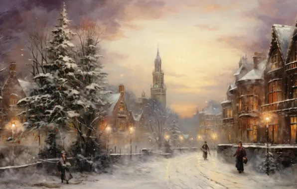 Winter, snow, the city, house, building, home, Christmas, New year