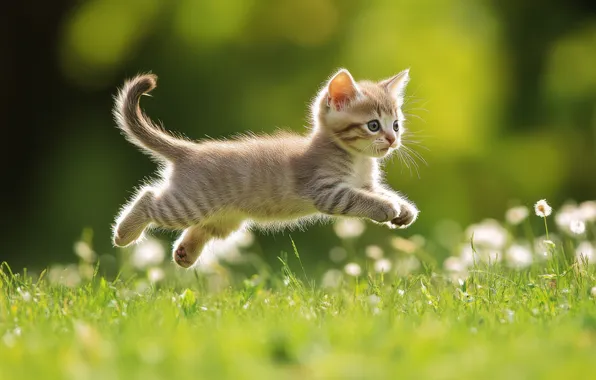 Cat, grass, look, pose, kitty, grey, jump, glade