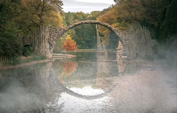 Trees, fog, river, morning, haze, Ring, stone bridge, Shimakovsky Yuri