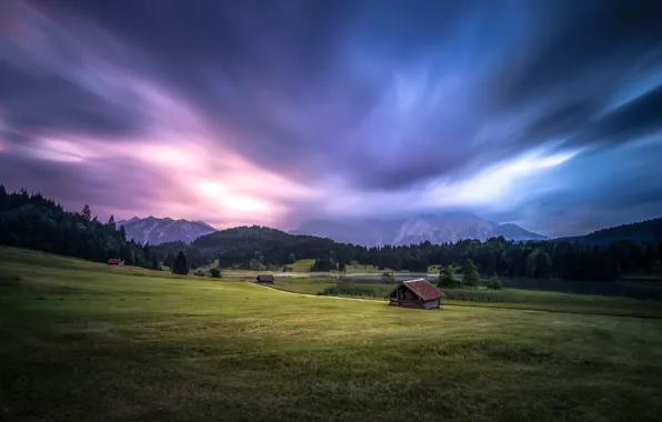 Road, field, forest, summer, the sky, grass, clouds, mountains