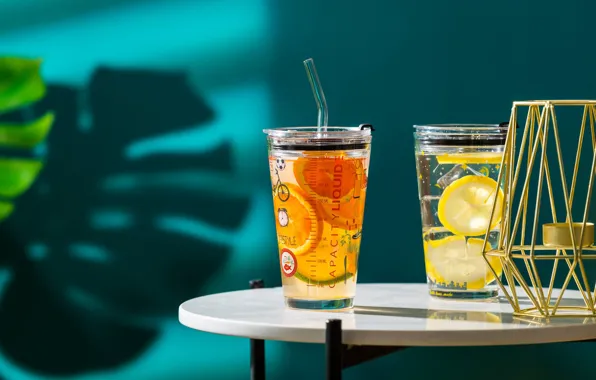 Glass, leaves, light, glass, table, oranges, shadows, tube