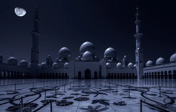 Night, the moon, arch, Mosque, Abu Dhabi, Abu Dhabi, Sheikh Zayed