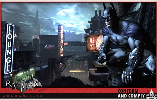 Picture night, the city, batman, the moon, signs, arkham city