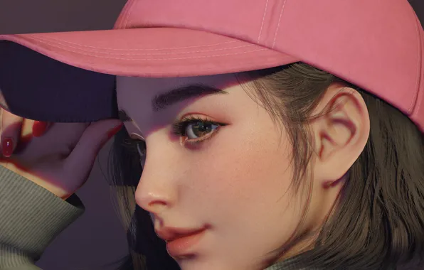 Face, hand, girl, girl, baseball cap, sweater, in profile, visor