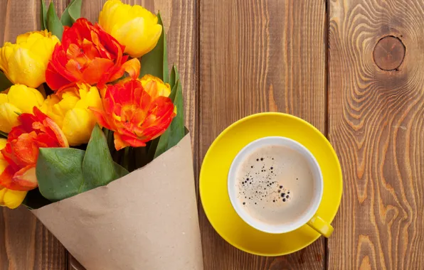 Picture coffee, bouquet, colorful, tulips, yellow, flowers, cup, tulips