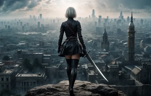 Girl, the city, sword, YoRHa No.2 Type B, the image is generated by AI
