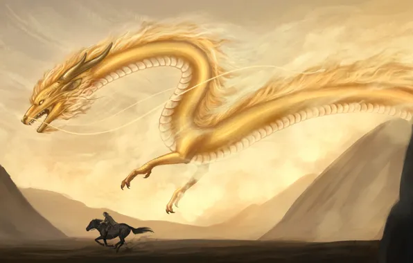 Sand, mountains, yellow, animal, dragon, horse, fantasy, art