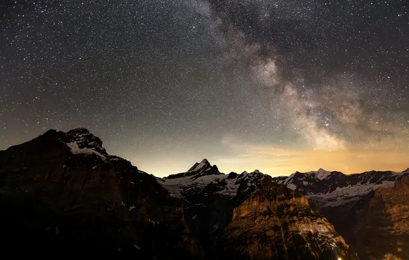 Light, snow, mountains, night, rocks, the slopes, tops, dal