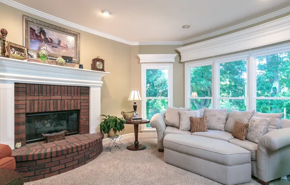 Picture design, style, sofa, picture, window, fireplace, living room