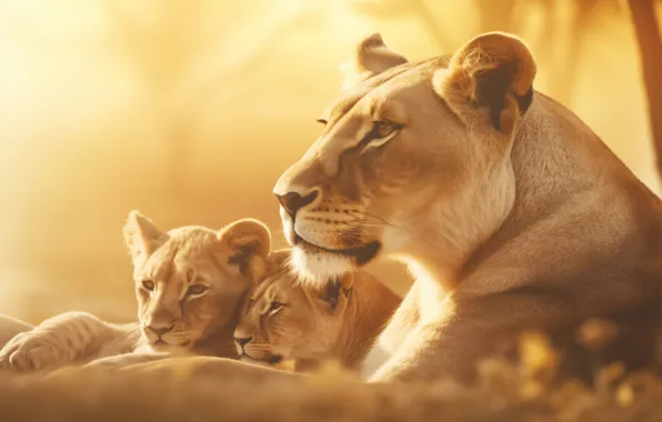 Light, lions, the cubs, lioness, mother, digital art, AI art, neural network
