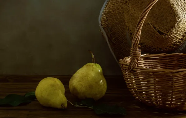 Leaves, the dark background, table, Board, hat, green, still life, basket